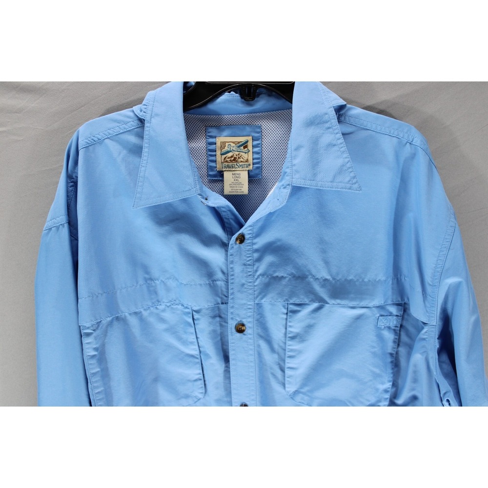 Travel Smith Vintage Performance Button Up Shirt‎ Nylon Polyester Size XXL Blue